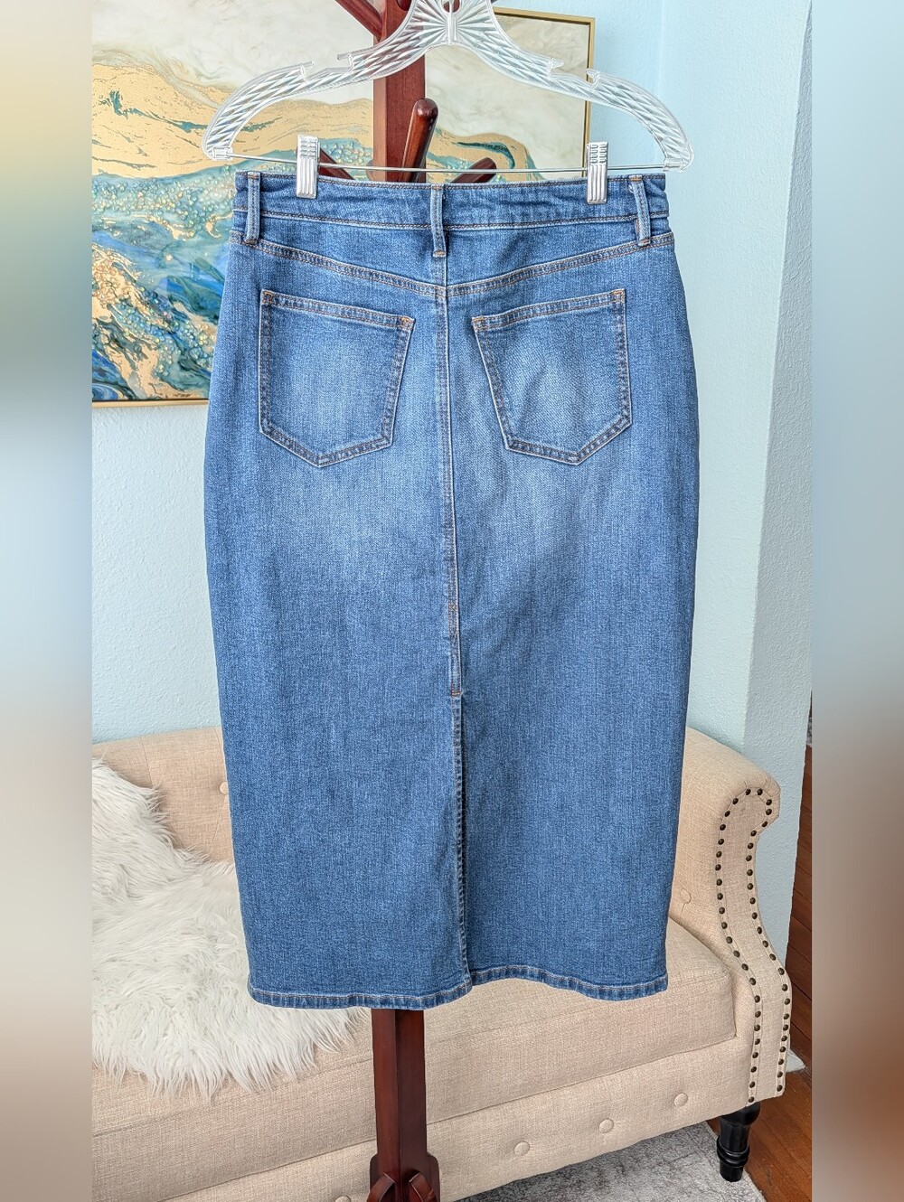 Ann Taylor Weekend Denim Midi  Jean Skirt Sz 4 - Picture 3 of 11